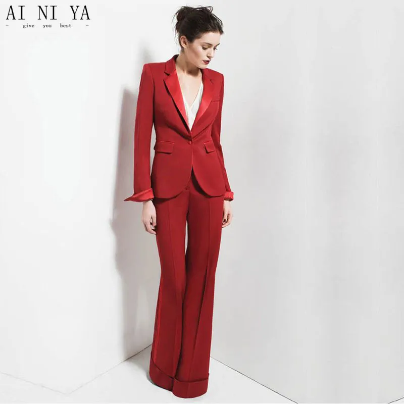 Red One Buttom 2 Piece Sets Womens Business Suits Work Female Office Uniform Elegant Pant Suits Evening Straight Trousers Custom