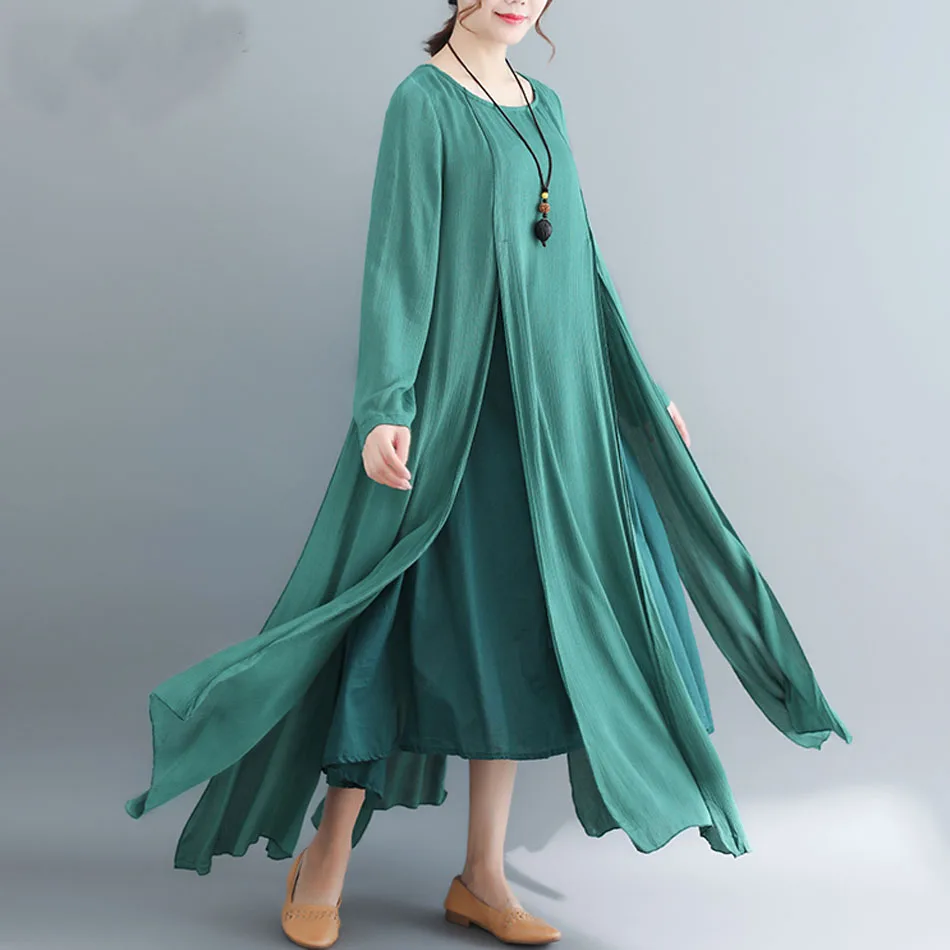 

2019 Big Size Maxi Dresses Women False Two-piece Long Sleeve Cotton Linen Dress Casual White Boho Oversized Spring Dress