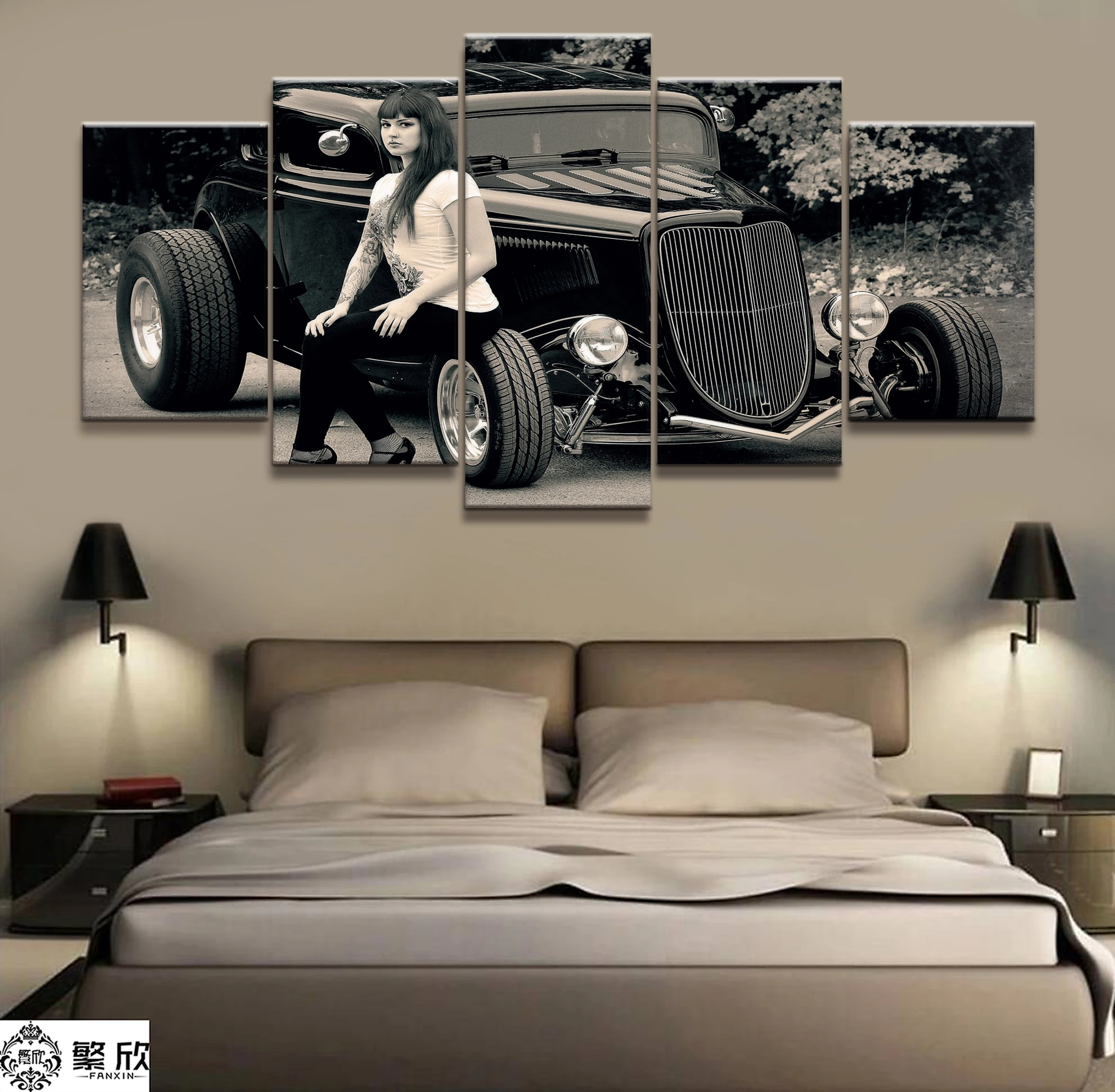 

5 Pieces Vintage Car Fashion Beauty Poster Modern Wall Art Decorative Modular Framework Picture Canvas HD Printed Set Painting