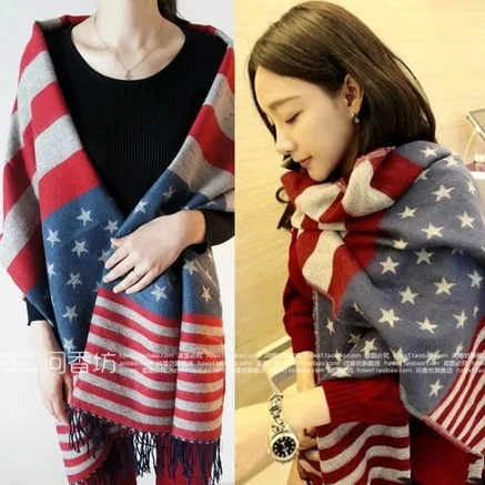 

2016 Winter Thickening American flag faux woolen stars Women Men scarf cape dual-use ultra long muffler Scarves