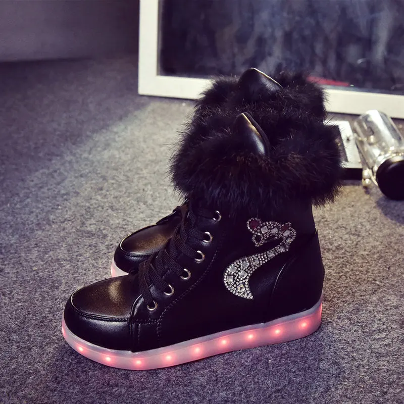 JINGKUBU/Светящиеся женские кроссовки; женские зимние ботинки; Зимние ботильоны на меху; Светодиодный светильник; Высокая повседневная обувь с зарядкой от USB; женская обувь; размер 41