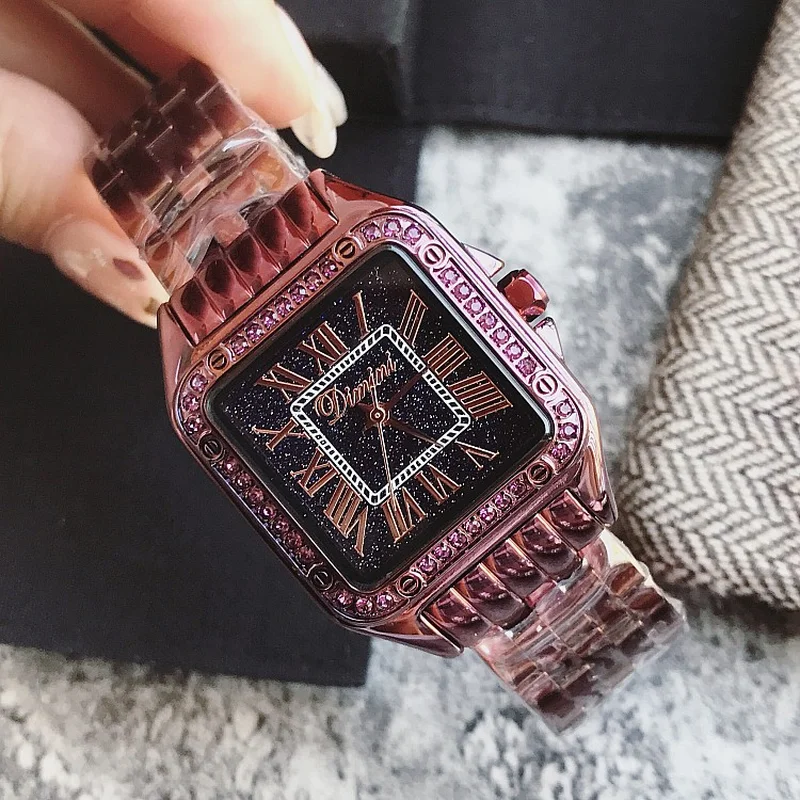 

Luxury Purple Roman Star Square Small Dial Ladies Watch Diamond Female Stainless Steel Strap Fashion Quartz Women's Watch reloj