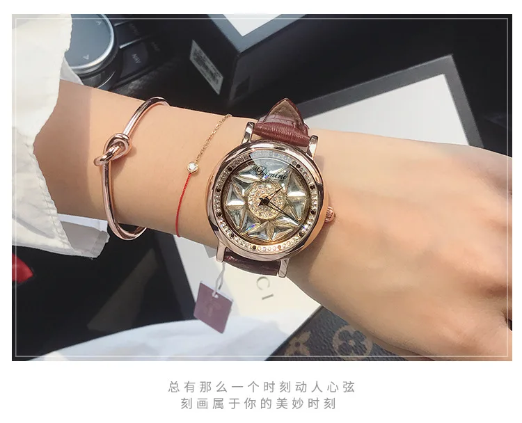 Новые женские часы, женские часы с вращением, ремешок из натуральной кожи, большой циферблат, браслет, наручные часы с кристаллами, Часы montre femme