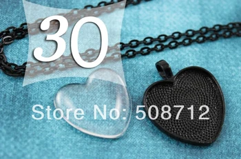 

30sets DIY 1 Inch Pendant Kits Black Color Heart 25 mm Pendant Tray with matching Chain and Glass