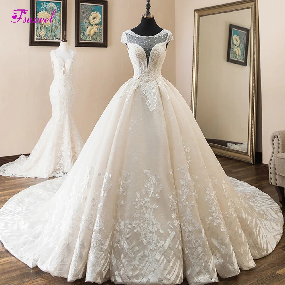 Fsuzwel Luxury Scoop Neck Beaded Cap Sleeve A-Line Wedding Dress 2019 Royal Train Appliques Princess Bride Gown Vestido de Noiva | Свадьбы и