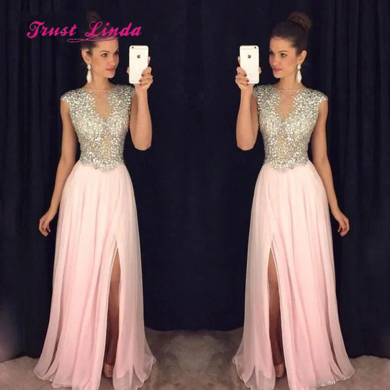 

Gorgeous Rhinestone Beaded Wedding Guest Dress O Neck Sheer See Through Chiffon Dress For Wedding Party Side Slit