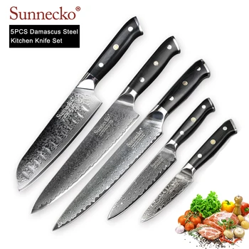 

SUNNECKO 5PCS Kitchen Knives Set Japanese Damascus VG10 Super Steel Sharp Utility Chef Knife G10 Handle Chef Cooking Cutter Tool