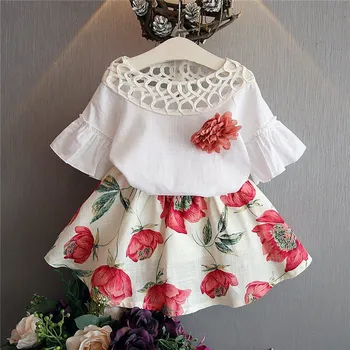 2019 Toddler Kids Baby Girl Floral White Blouse + Floral Skirts Summer Short Sleeve 2PCS infant girl Clothes 2-7 Years 1