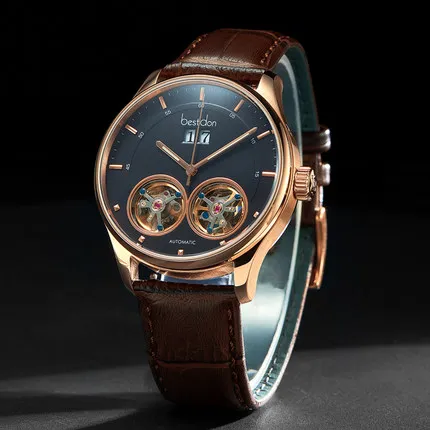 Роскошные часы Bestdon с двойным турбийоном, оригинальные мужские автоматические часы, модные мужские механические наручные часы с кожаным ремешком - Цвет: Rose gold black