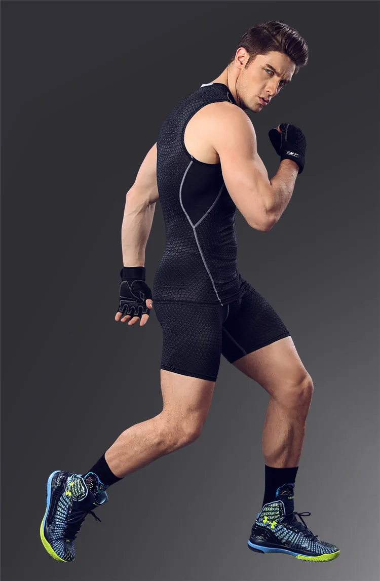 Для мужчин s платье с короткими рукавами Спортивная Одежда наборы для Для мужчин тренировки одежда комплект Фитнес Спортивная Открытый Ман бег нижнее белье - Цвет: black grey