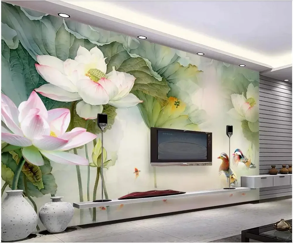 

3d photo wallpaper custom mural Pond lotus leaf mandarin duck background wall home decor 3d wall murals wallpaper for walls 3 d