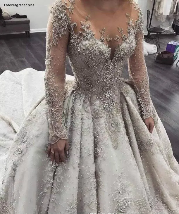 Luxury Arabic Silver Long Sleeves Wedding Dresses 2019 New Elegant Sheer Neck Illusion Back Lace Beaded Crystals Bridal Gowns BC0533  488 (3)