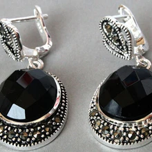 Свадебные украшения,,, винтажное серебро, натуральный граненый черный камень, оникс, марказит, серьги