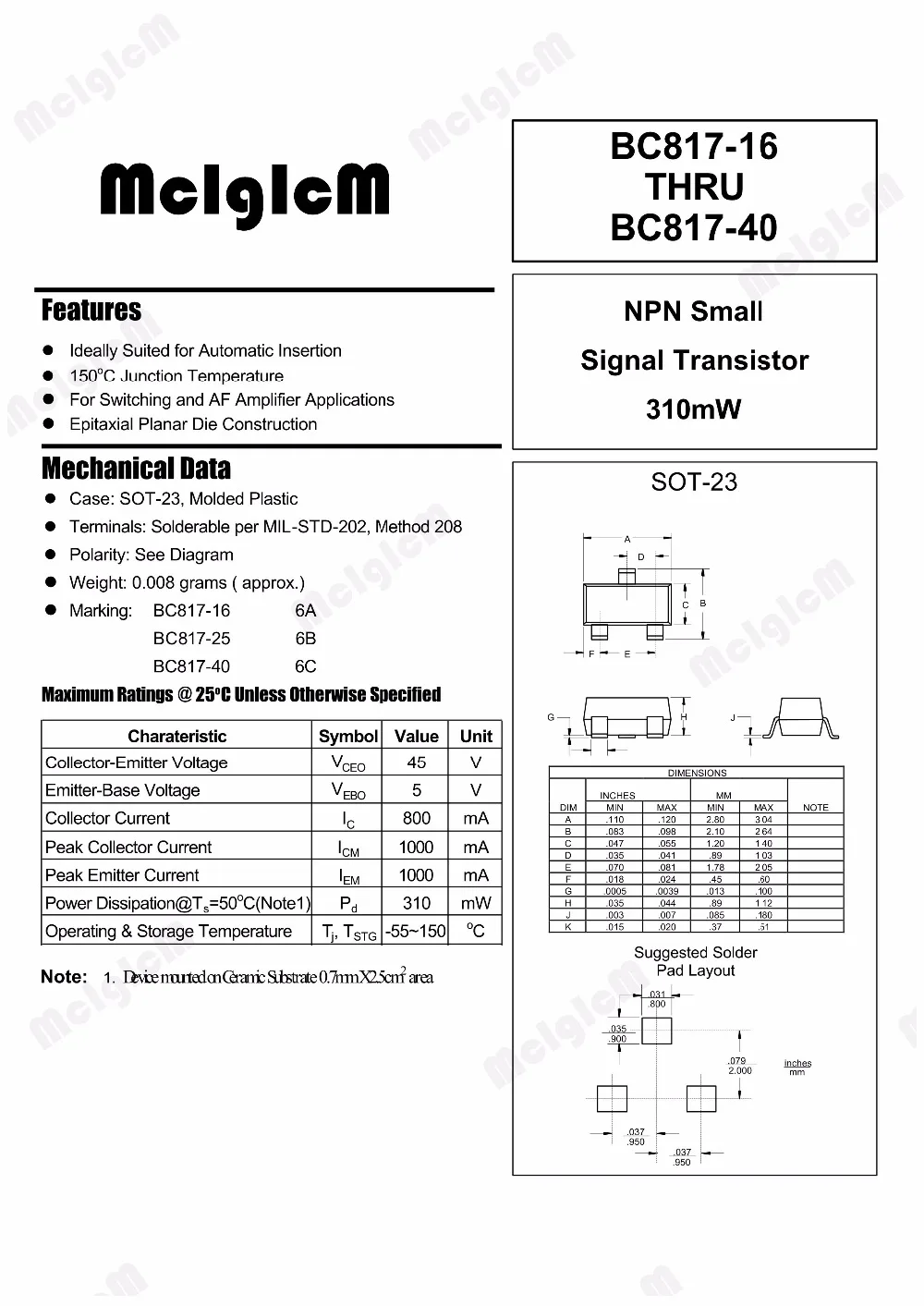 MCIGICM 100PCS BC817 BC817-40 SOT-23 NPN 0.1A/45V general purpose transistor NEW ORIGINAL
