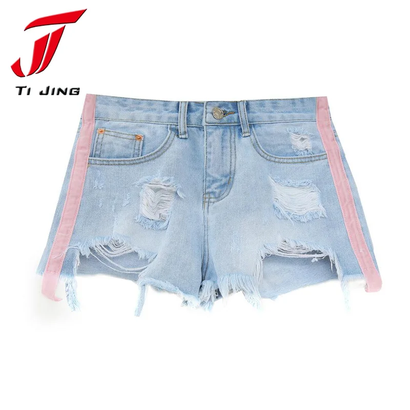 Summer Sexy Pink Stripes Frayed Denim Shorts Distressed Plus Size Shorts Women Short Jeans