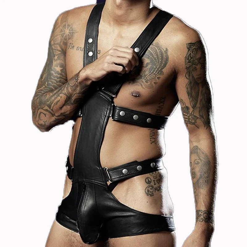 Sexy Men Faux Leather Bodysuit Exotic Fetish Bondage Restraint Lingerie Black Fantasy Gay Jumpsuit Teddy Vinyl Sex Underwear -