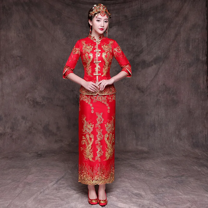Китайская традиционная Леди Cheongsam элегантный Для женщин свадебное платье классический красный Вышивка Qipao восточный женский Вечеринка