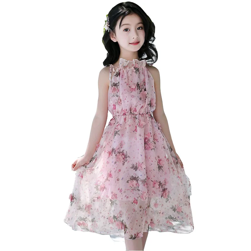 

Girl's dress 2018 new summer Children chiffon dresses floral beach sleeveless dress beach resort kids Mid-calfprincess dresses