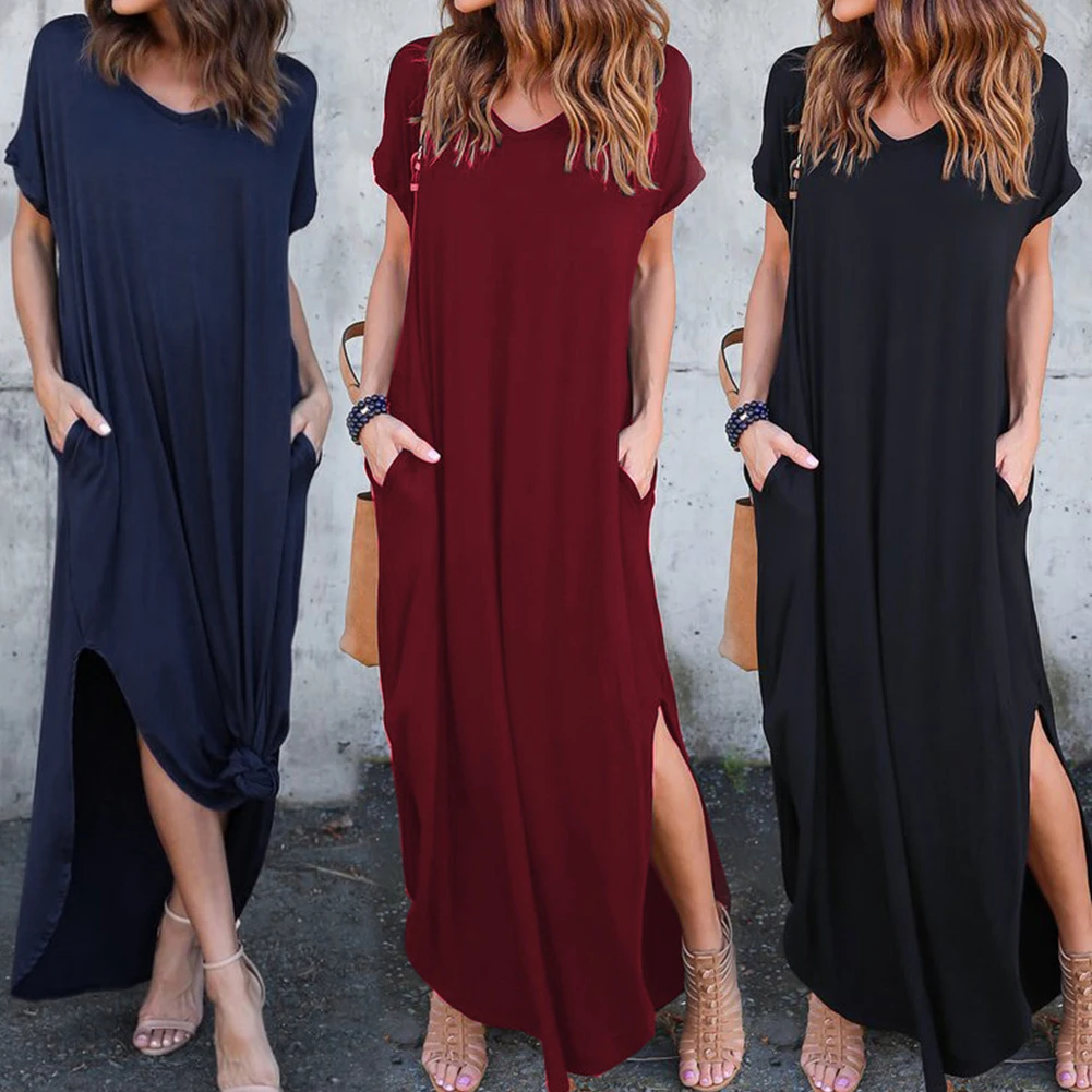 

Women Pencil Slender Waist Loose Pocket Long Side Split Maxi Dress Summer Beach Short Sleeve Travel V Neck Party Casual Solid