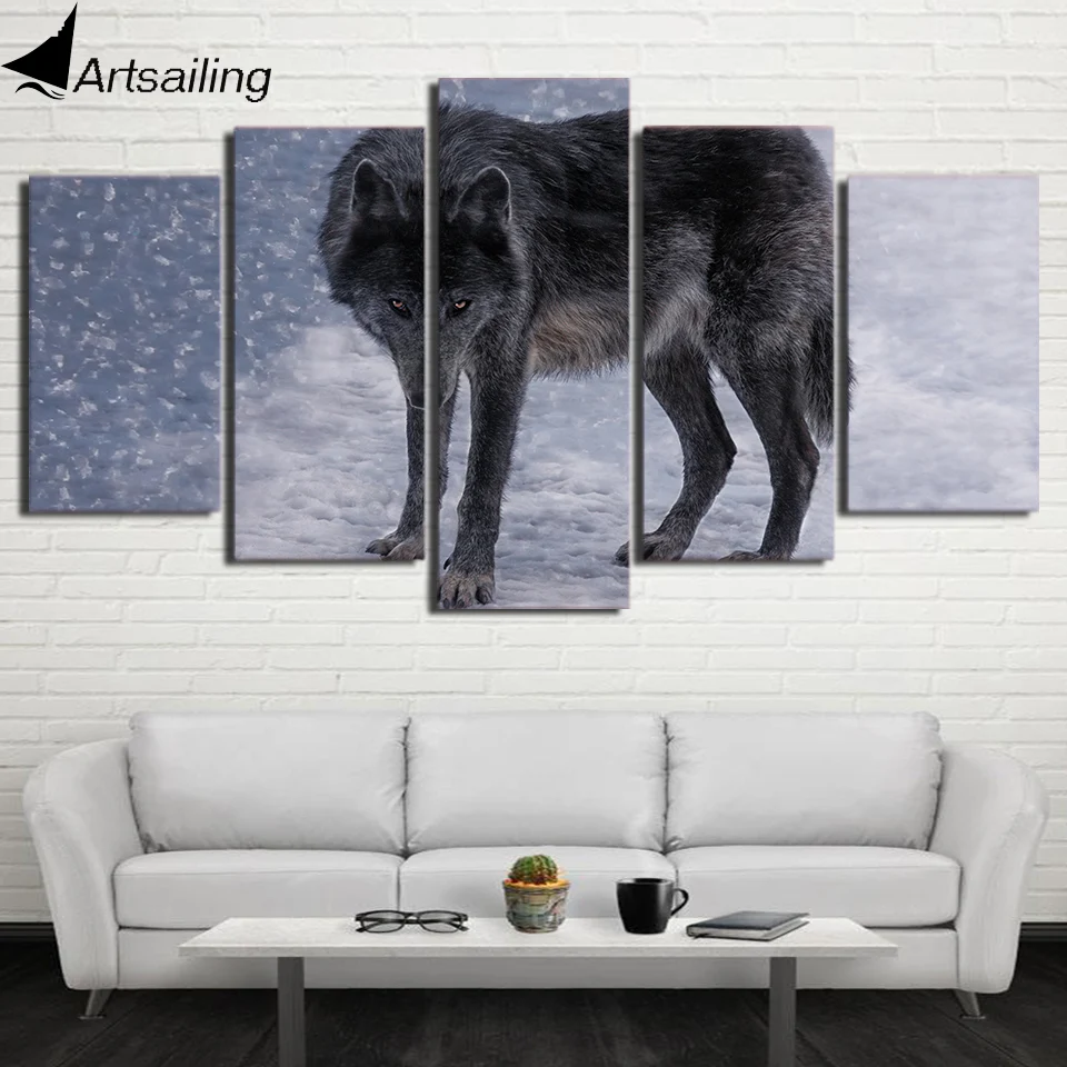 HD Printed 5 Piece Canvas Art Red Eyes Snow Wolf Painting Modular Wall Pictures for Living Room Modern Free Shipping CU-2427B | Дом и сад