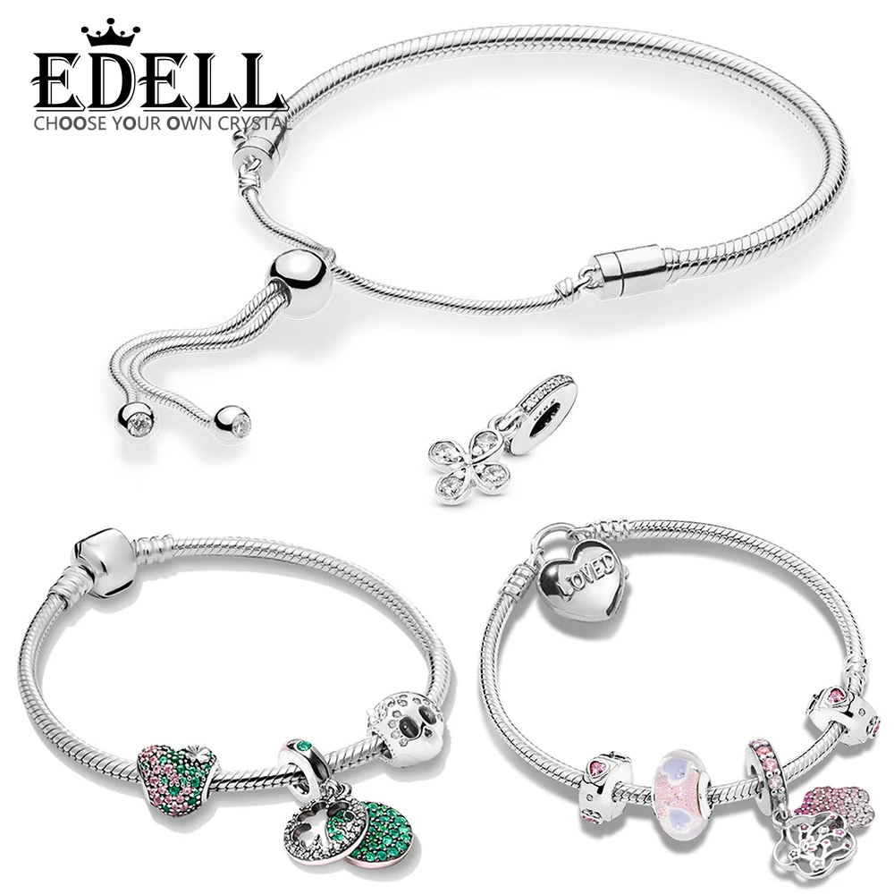 

EDELL 100% 925 Sterling Silver FOUR PETAL FLOWER SLIDING ARMBAND SET Brilliant Clover Bracelet Set Peach Love Bracelet Set