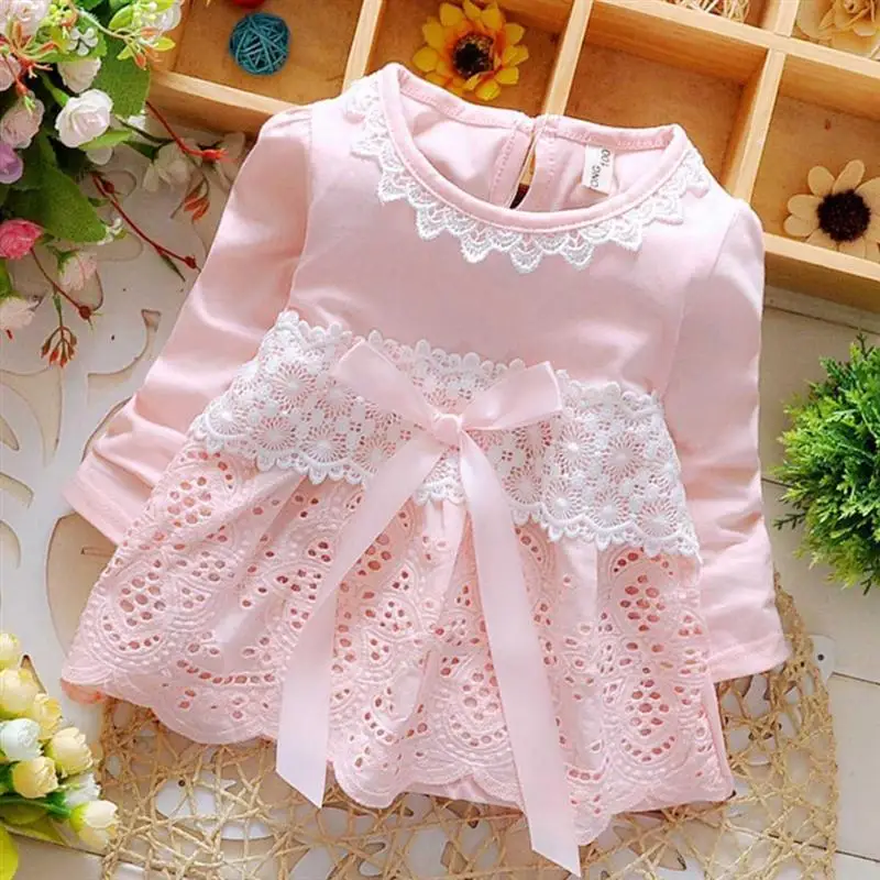 

2016 Spring Long Sleeve Lace Bow Baby Party Birthday girls kids Children Cotton dresses, princess infant Dress Vestido