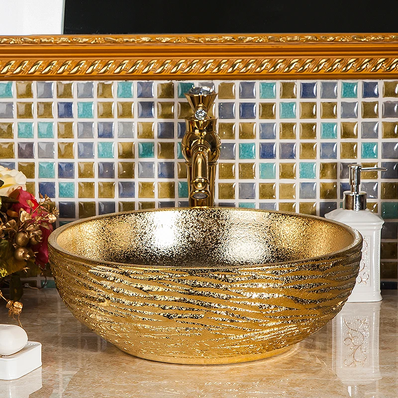Europe Vintage Style Ceramic Sinks Counter Top Wash Basin Bathroom Sink ceramic bowl wash basin gold (8)