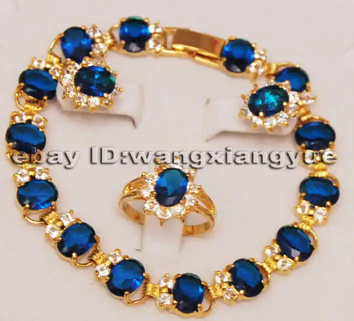 

hot sell new - Jewelry Blue Zircon Inlay Link 14K GP Bracelet earrings Ring Set AAA>>18K gold plated watch wholesale Quartz st