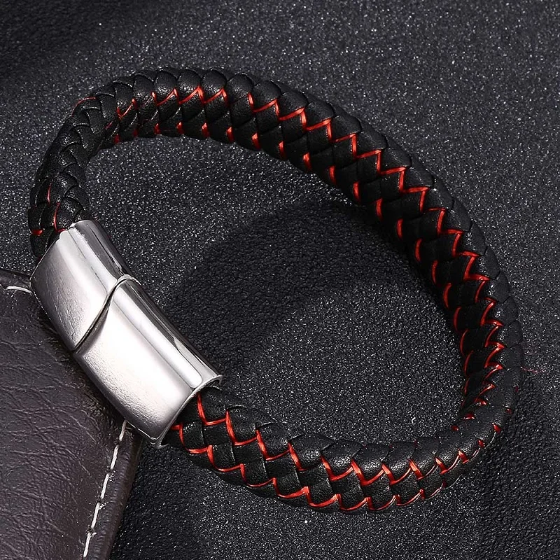 Модные браслеты для мужчин ювелирные изделия черный красный кожаный браслет из