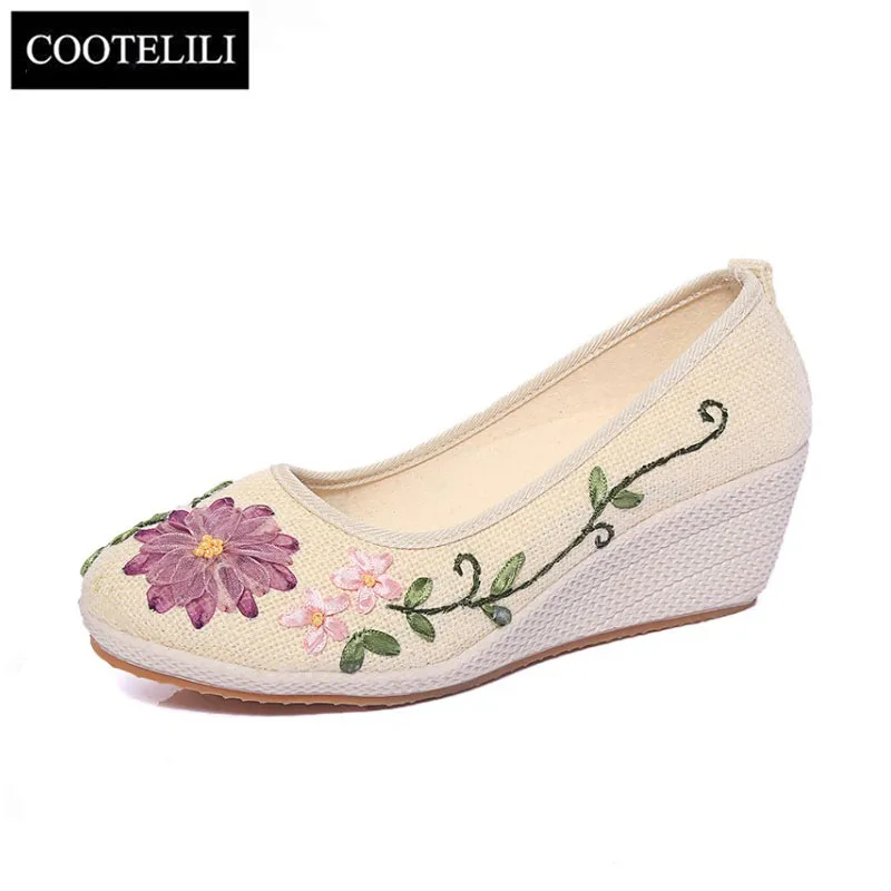 

COOTELILI Women Platform Shoes Woman Casual Wedges Slip on Pumps Flower Flax Round Toe Zapatos de mujer Size 35-40