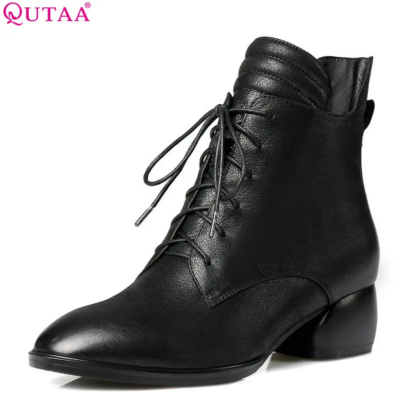

QUTAA 2019 Cow Leather +Pu Fashion Women Ankle Boots All Match Winter Shoes Lace Up Zipper Woman Motorcycle Boots Big Size 34-42