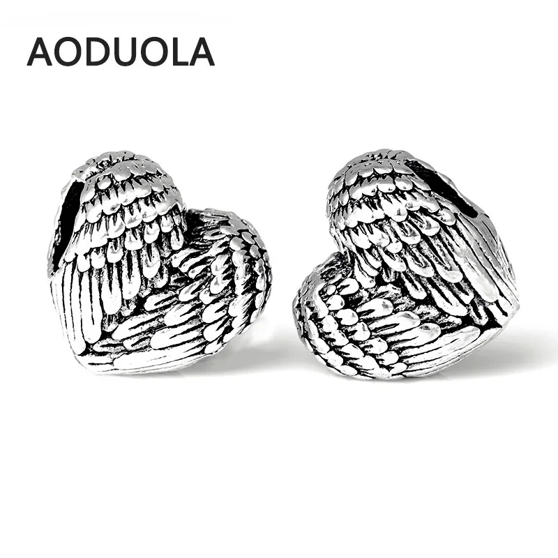 

10pcs Silver Alloy Beads Heart Shape with wing bead DIY Big Hole Metal Beads Spacer Murano Bead Charm Fit For charms Bracelet