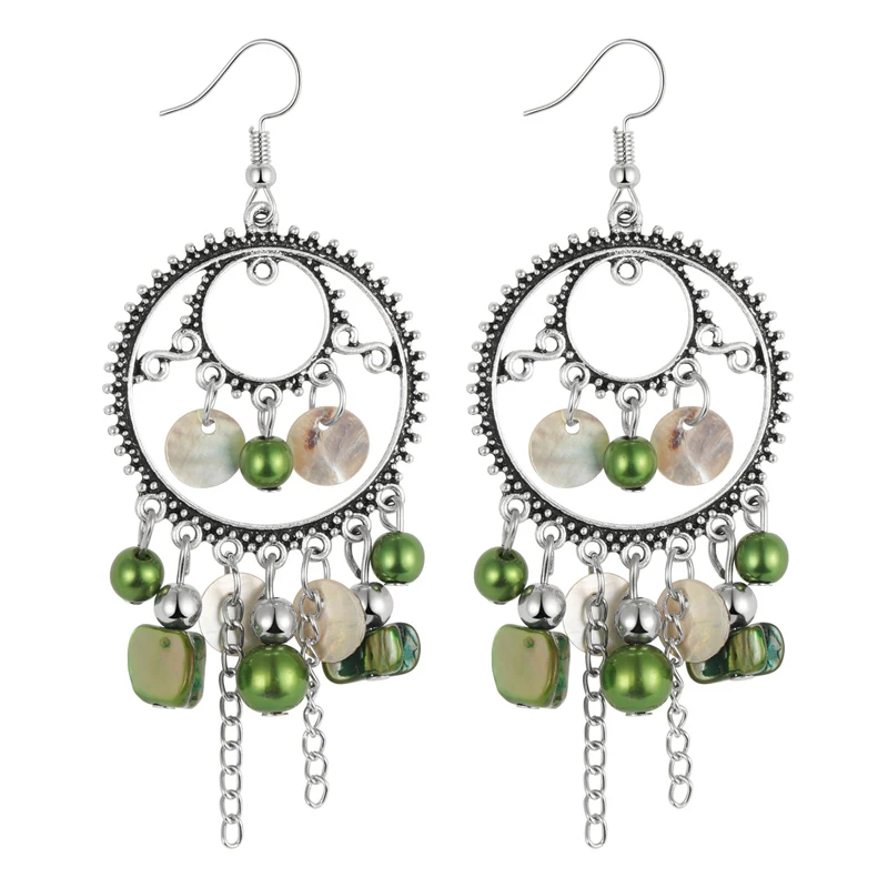 

Hesiod Vintage Silver Alloy Sea Shell Beads Dangle Earrings For Women Round Circle With Stone Bead Earrings Summer Jewelry