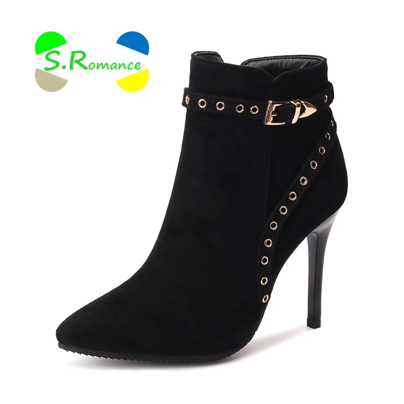 S.Romance Women Ankle Boots Size 34-43 Supper High Thin Heels Rivets Buckle Soft Flock Zipper 2018 Woman Autumn Shoes SB148 | Обувь