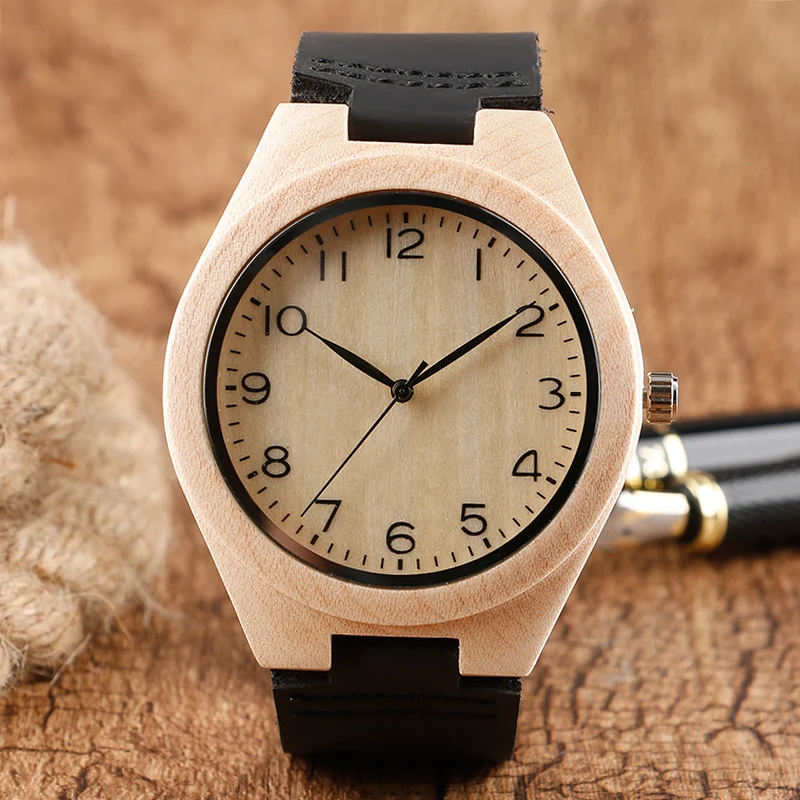 Nature Wood Case Wrist Watch Arabic Numbers Modern Men Bamboo Watch Genuine Leather Strap Trendy Male Quartz Wooden Watch Gifts 2017 (1)