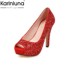 KARINLUNA/Большие размеры 34-43; женские туфли на платформе с открытым носком; женские пикантные вечерние и свадебные туфли-лодочки на высоком каблуке с блестящим верхом красного, черного и серебристого цвета