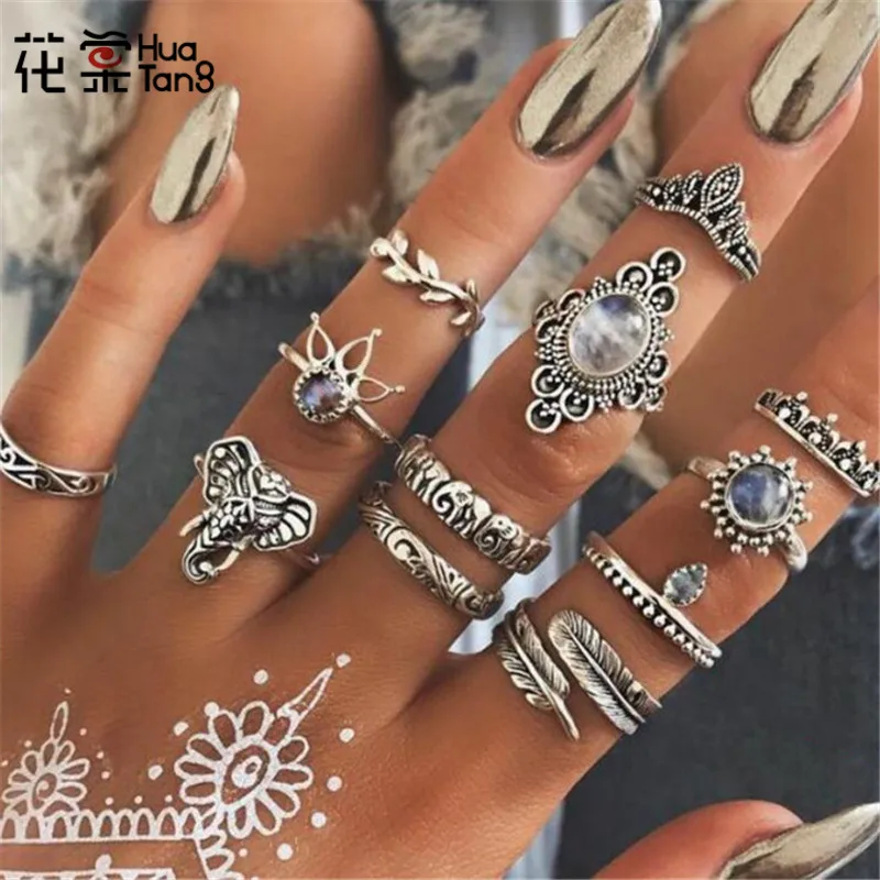 

HuaTang Antique Silver Crystal Ring Set Knuckle Wedding Ring Set Geoemtric Elephant Opals Rings Anillos Anel Rings Jewelry 6581