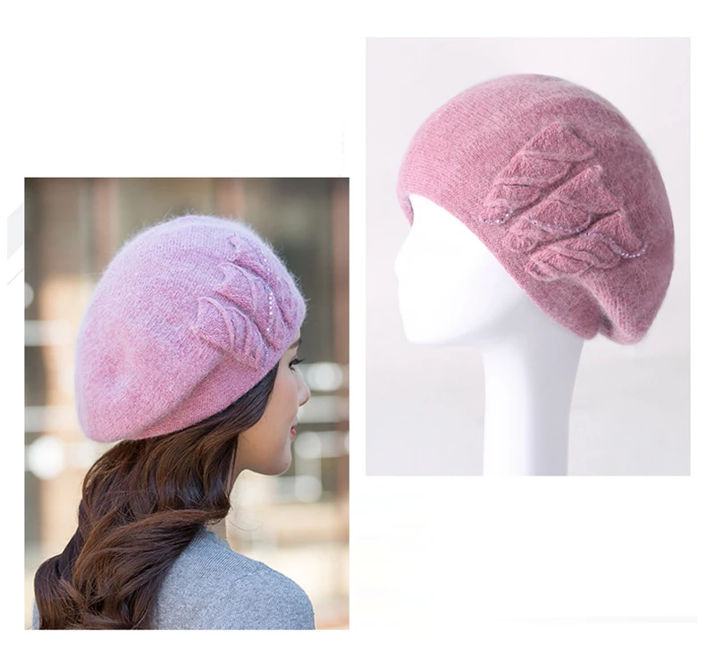 Angora Beanie Women Winter Hat Warm Knit Cap Beret Headwear Double Layer Casual Soft Classic Thermal Snow Outdoor Accessory (12)