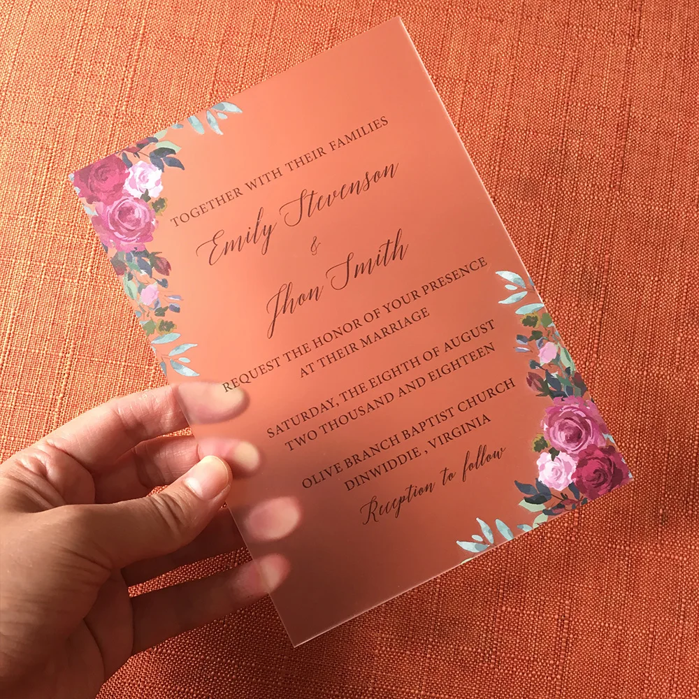  20 Pieces Per Lot Beautiful Burgundy Floral Watercolor Style 5x7inch Frosted Acrylic Wedding Invita - 32868552965
