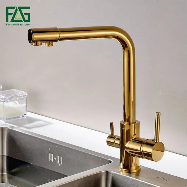 Special Price FLG 100% Copper Gold Finished Swivel Drinking Water Faucet 3 Way Water Filter Purifier Kitchen Faucets For Sinks Taps 242-33B