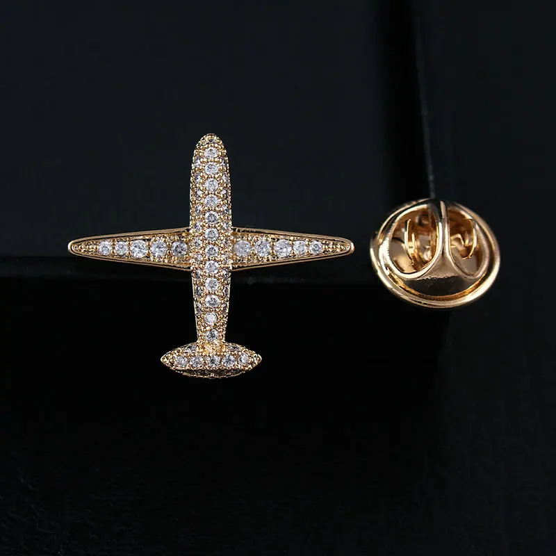 Olowu кристалл броши подарки для новинки женщин мода дизайн самолета брошь булавки кубический циркон медь ювелирное изделие самолет для мужчин - Окраска металла: Gold