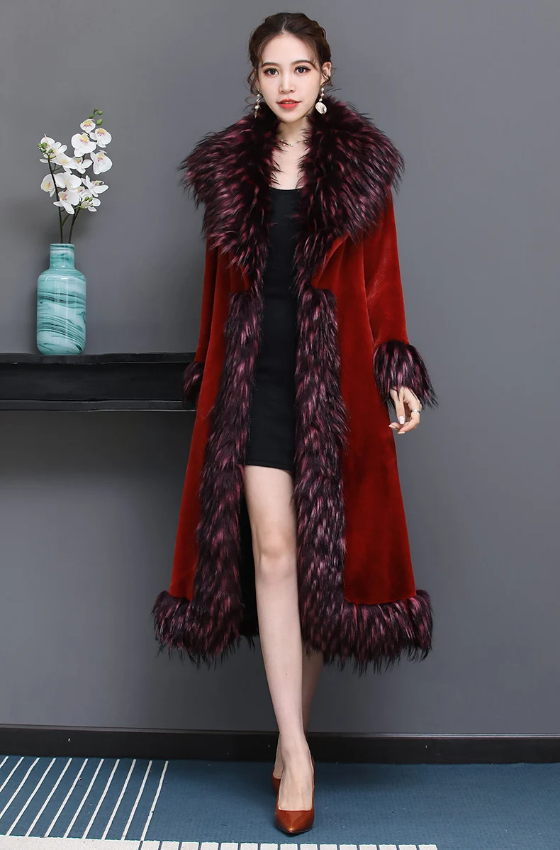 Nerazzurri роскошное подиумное Женское пальто зимнее красное меховое пальто из искусственного меха Женское пальто с воротником из лисьего меха размера плюс пальто 5xl 6xl 7xl