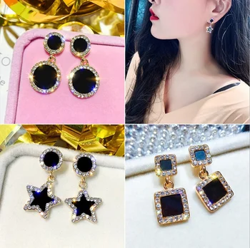 

Asymmetry Geometric Earrings Heart Star Round Square Crystal Balck Oil Fashion Jewelry Long For Women Party