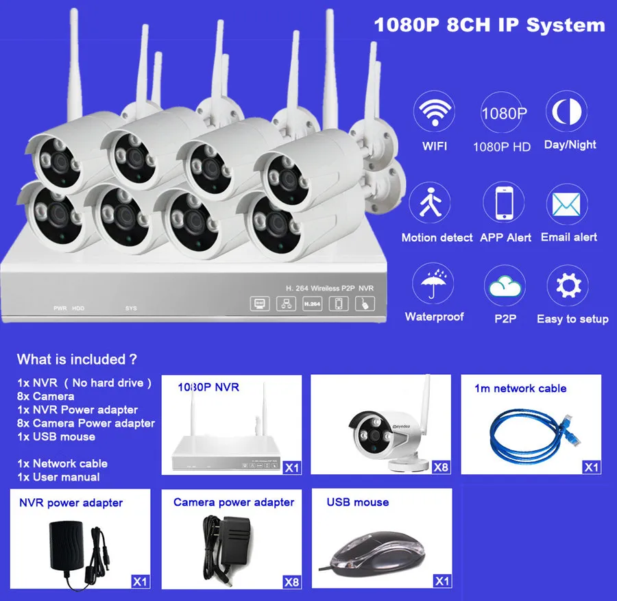 8ch Беспроводная ip-камера 1080P NVR CCTV домашняя система безопасности наружная ИК 2mp сеть wifi ip-камера комплект видеонаблюдения комбо