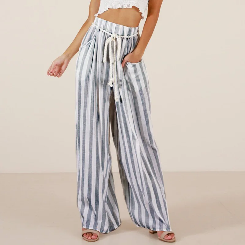 

Melegant Blue White Striped Long Pants Women 2019 High Waist Wide Leg Pants Streetwear Casual Loose Pants Pantalones Mujer