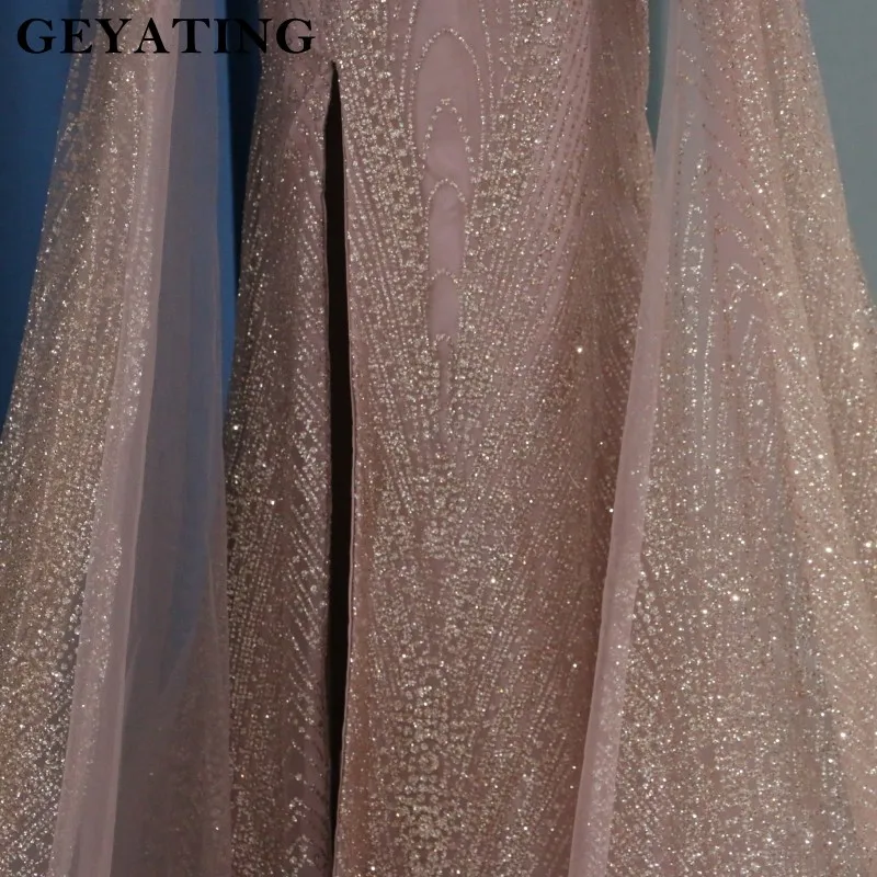 Сверкающее розовое золото Русалочка арабское выпускное платье со съемными длинными рукавами со шлейфом для подиума пышное платье вечерние платья