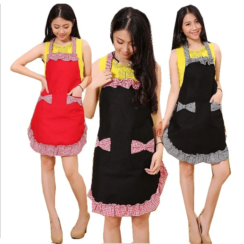 

New Cute Vintage Women Restaurant Kitchen apron Flower Printed Pocket Lace Bowknot Cotton Cooking Cotton Apron with Pocket Gift