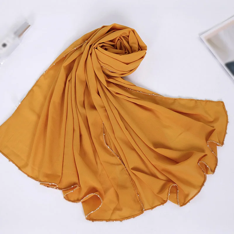 Модный сплошной хиджаб шарф для мусульманских женщин блестящая цепочка края шифоновые шарфы обертывания длинные шали Макси платок 180x70 см