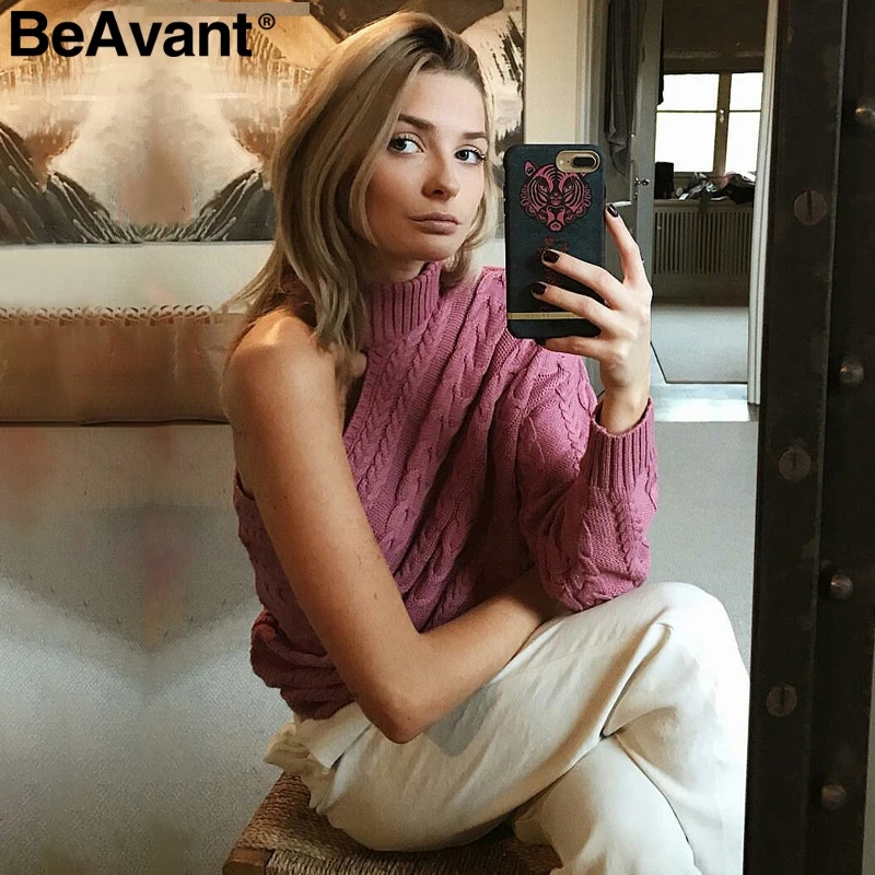 BeAvant One shoulder pink turtleneck knitted sweater Female twist pullover women jumper Casual streetwear autumn winter sweater BeAvant One shoulder pink turtleneck knitted sweater Female twist pullover women jumper Casual streetwear autumn winter sweater