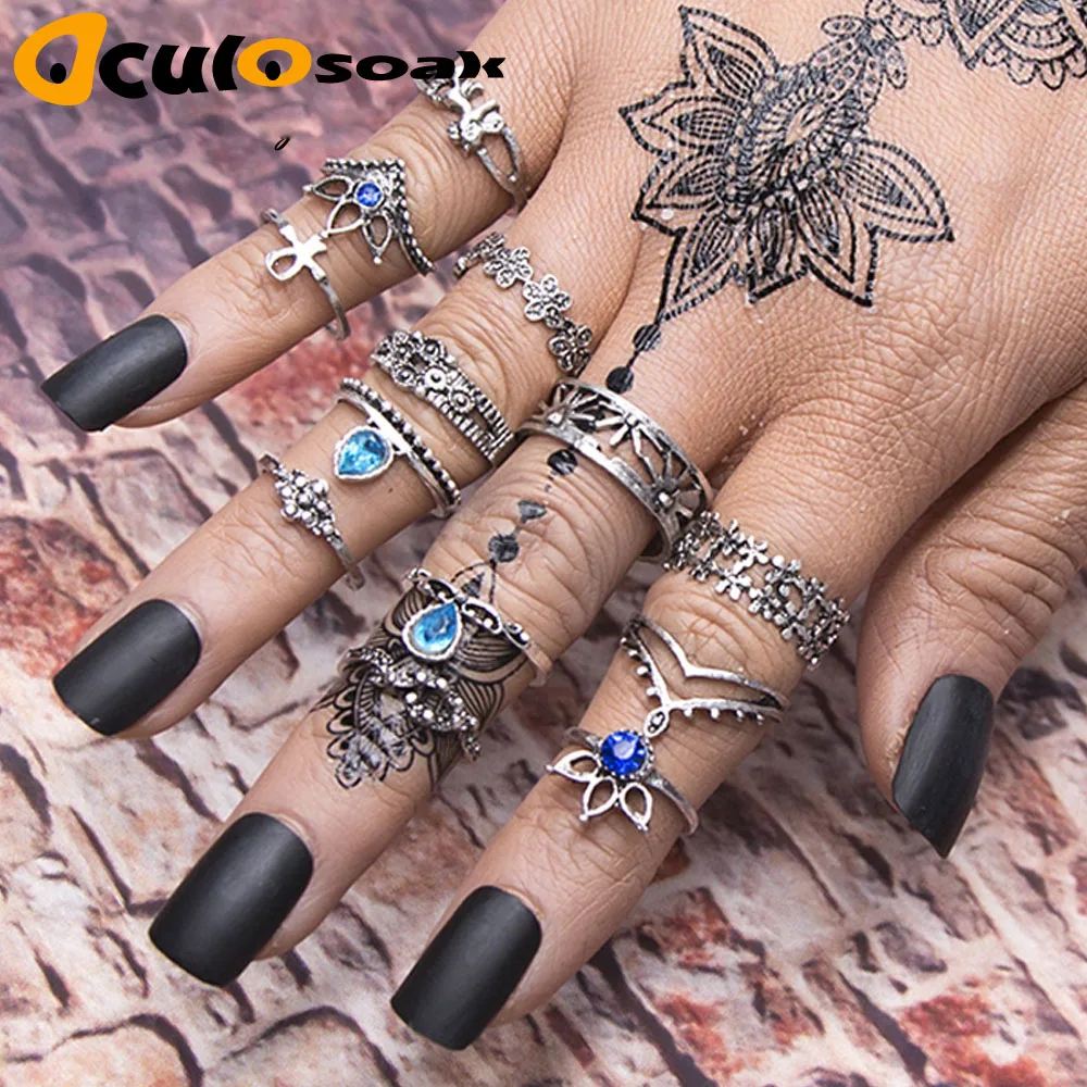 

New 13pcs/Set Bohemia Retro Metal Purple Crystal Knuckle Midi Fingers Rings Set for Women Geometric Vintage Rings Sets Jewelry